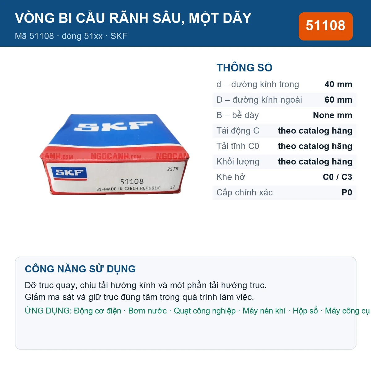 Vòng bi SKF 51108 — kích thước 40x60mm