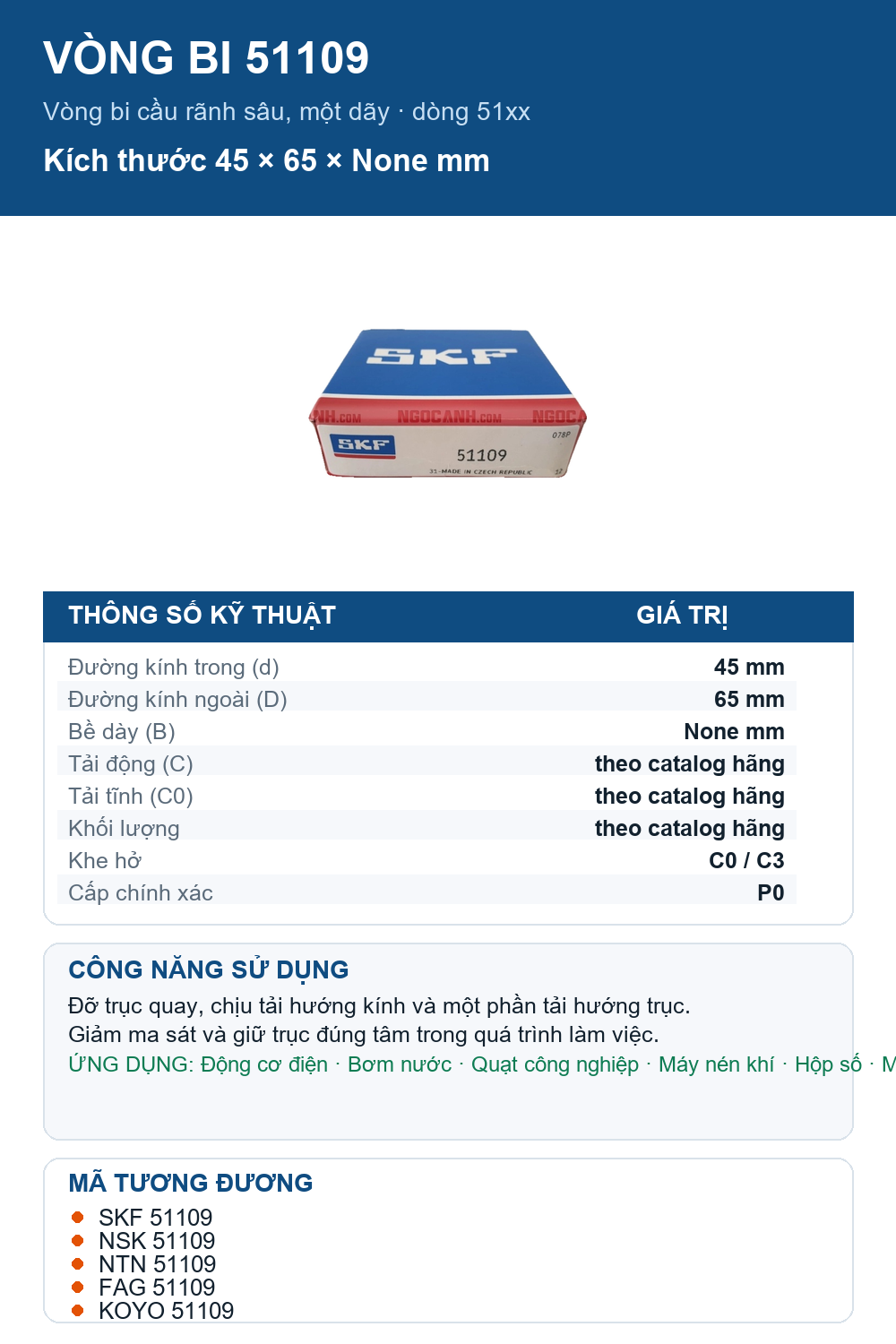 Vòng bi SKF 51109 45x65mm — Ảnh thông số (Pinterest)