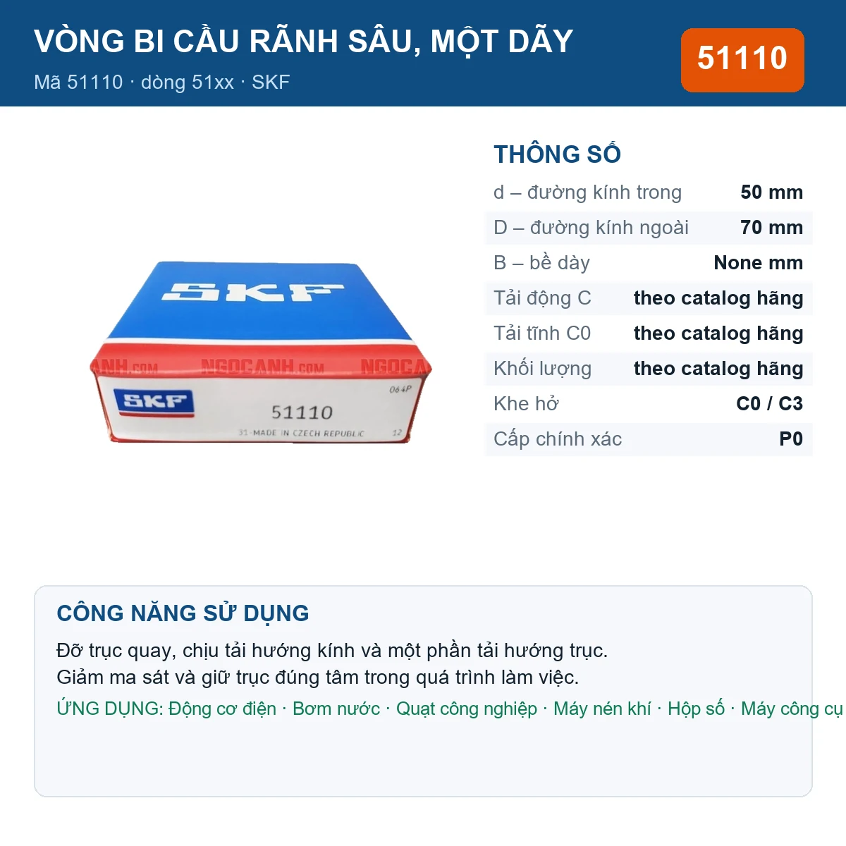 Vòng bi SKF 51110 — kích thước 50x70mm
