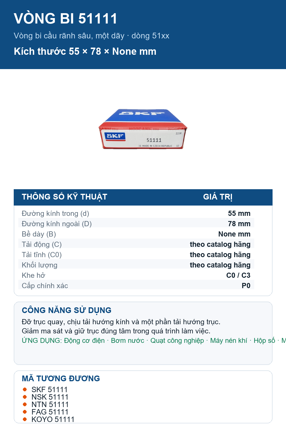 Vòng bi SKF 51111 55x78mm — Ảnh thông số (Pinterest)