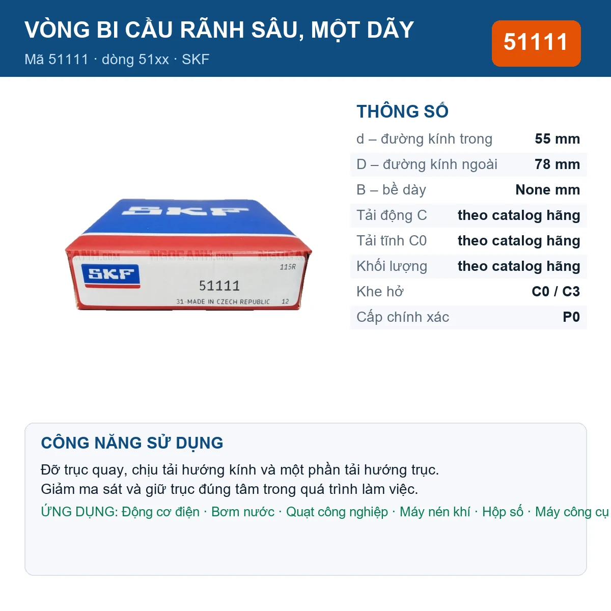 Vòng bi SKF 51111 — kích thước 55x78mm
