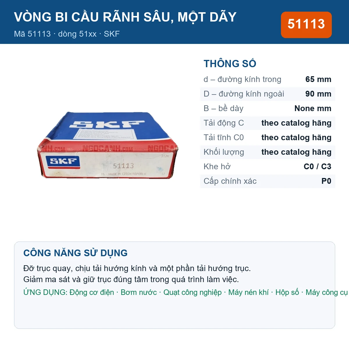 Vòng bi SKF 51113 — kích thước 65x90mm