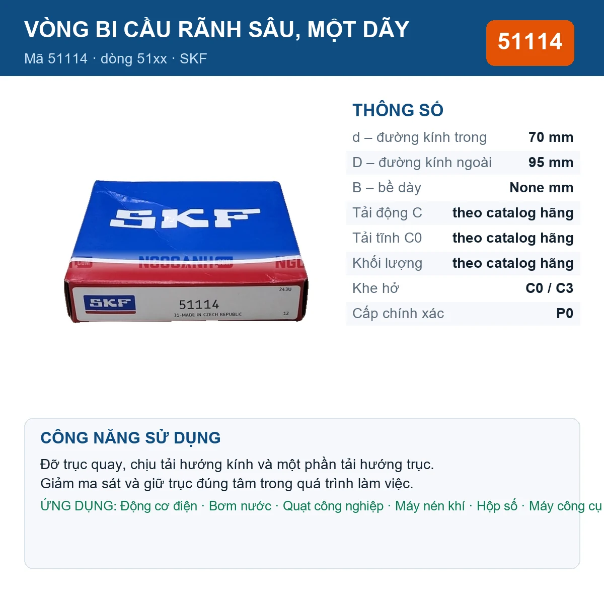 Vòng bi SKF 51114 — kích thước 70x95mm