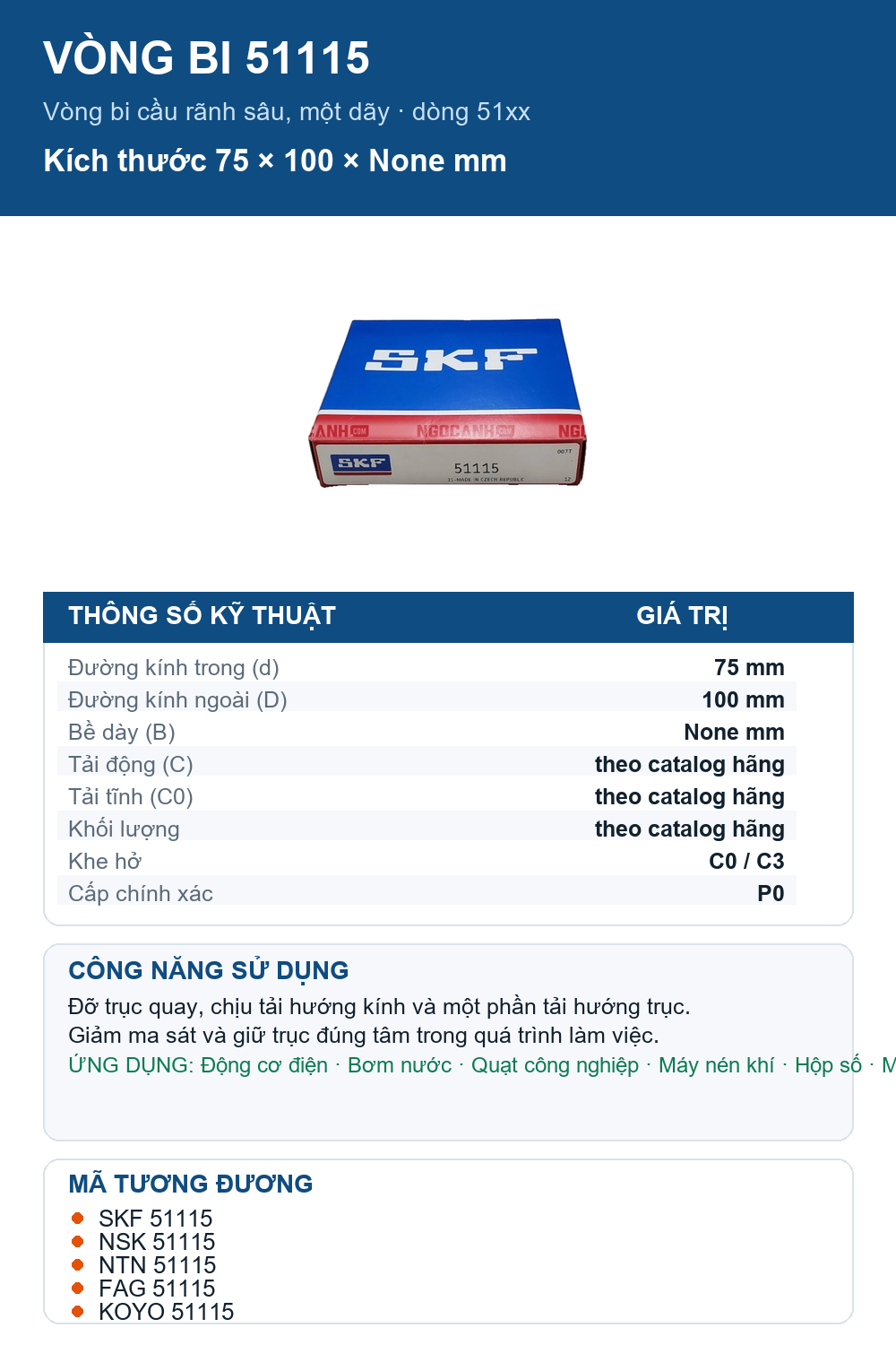 Vòng bi SKF 51115 75x100mm — Ảnh thông số (Pinterest)