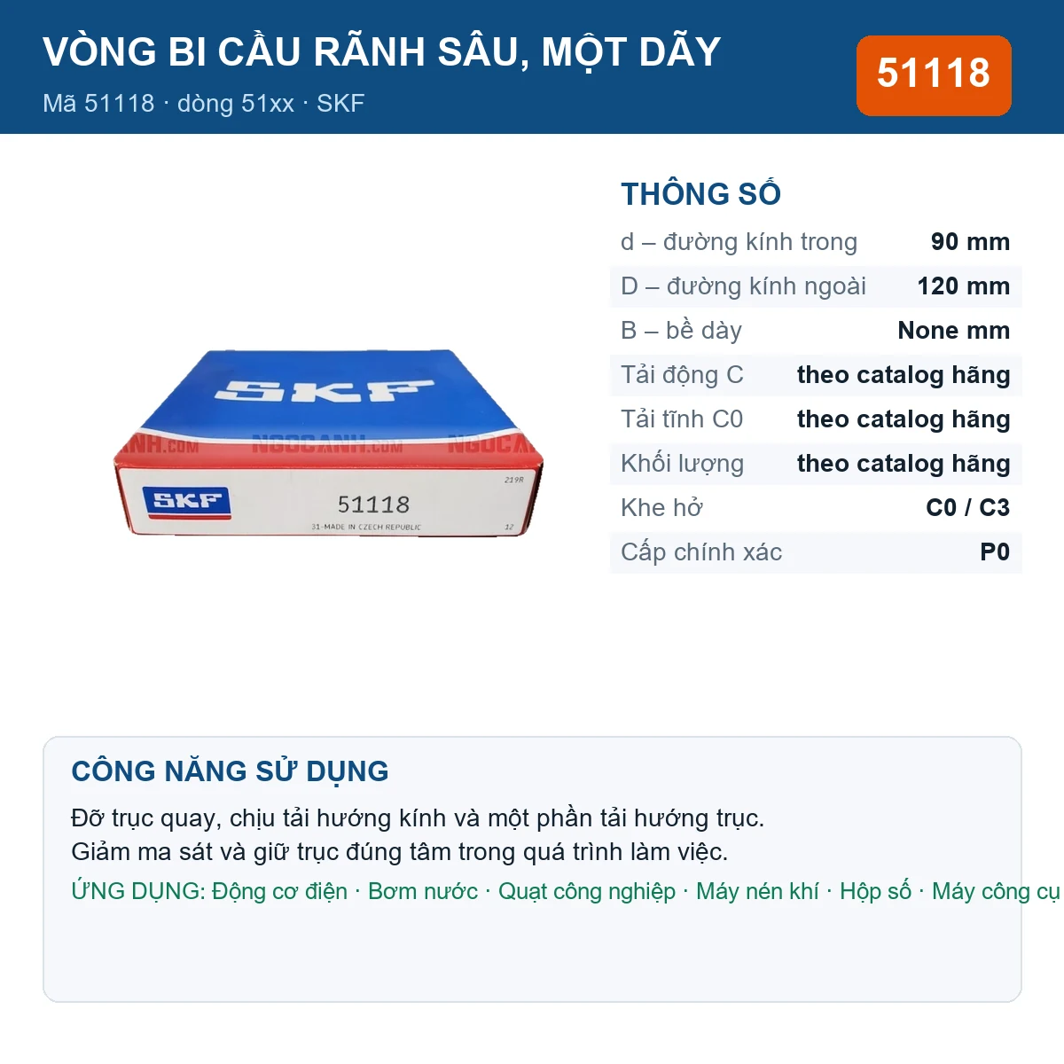 Vòng bi SKF 51118 — kích thước 90x120mm