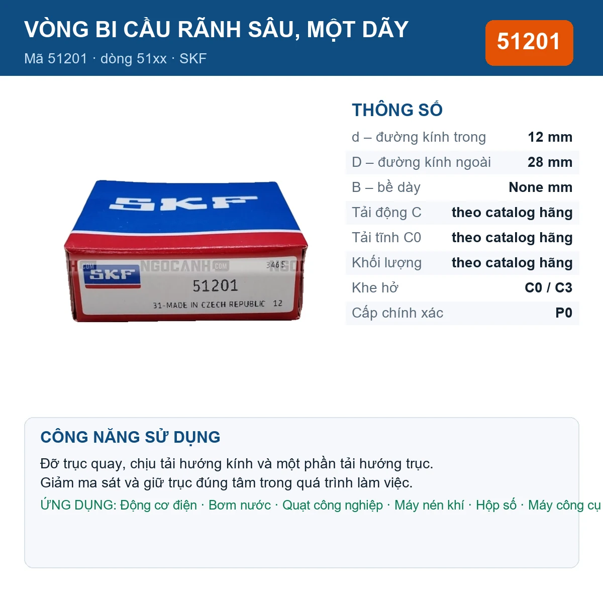Vòng bi SKF 51201 — kích thước 12x28mm