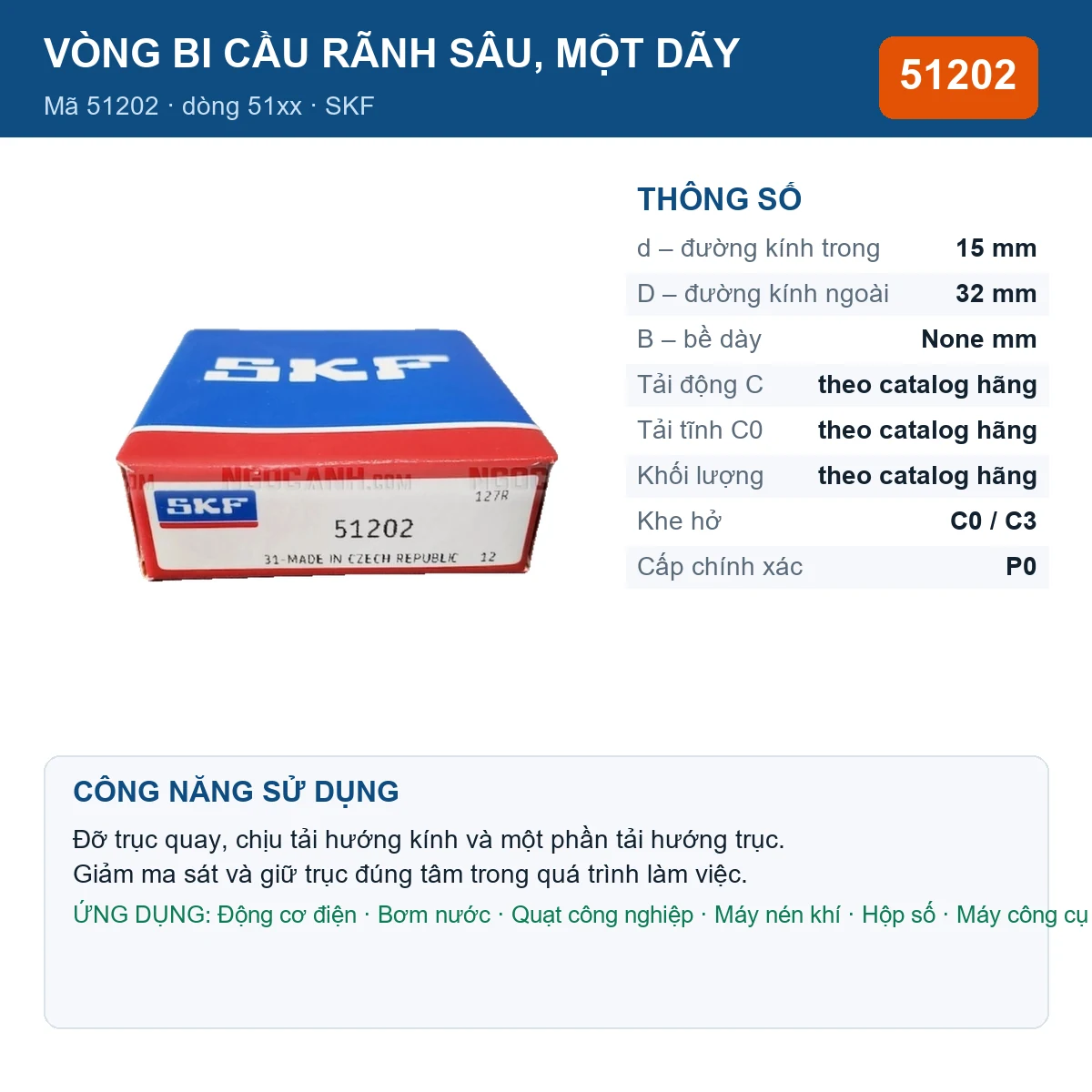 Vòng bi SKF 51202 — kích thước 15x32mm