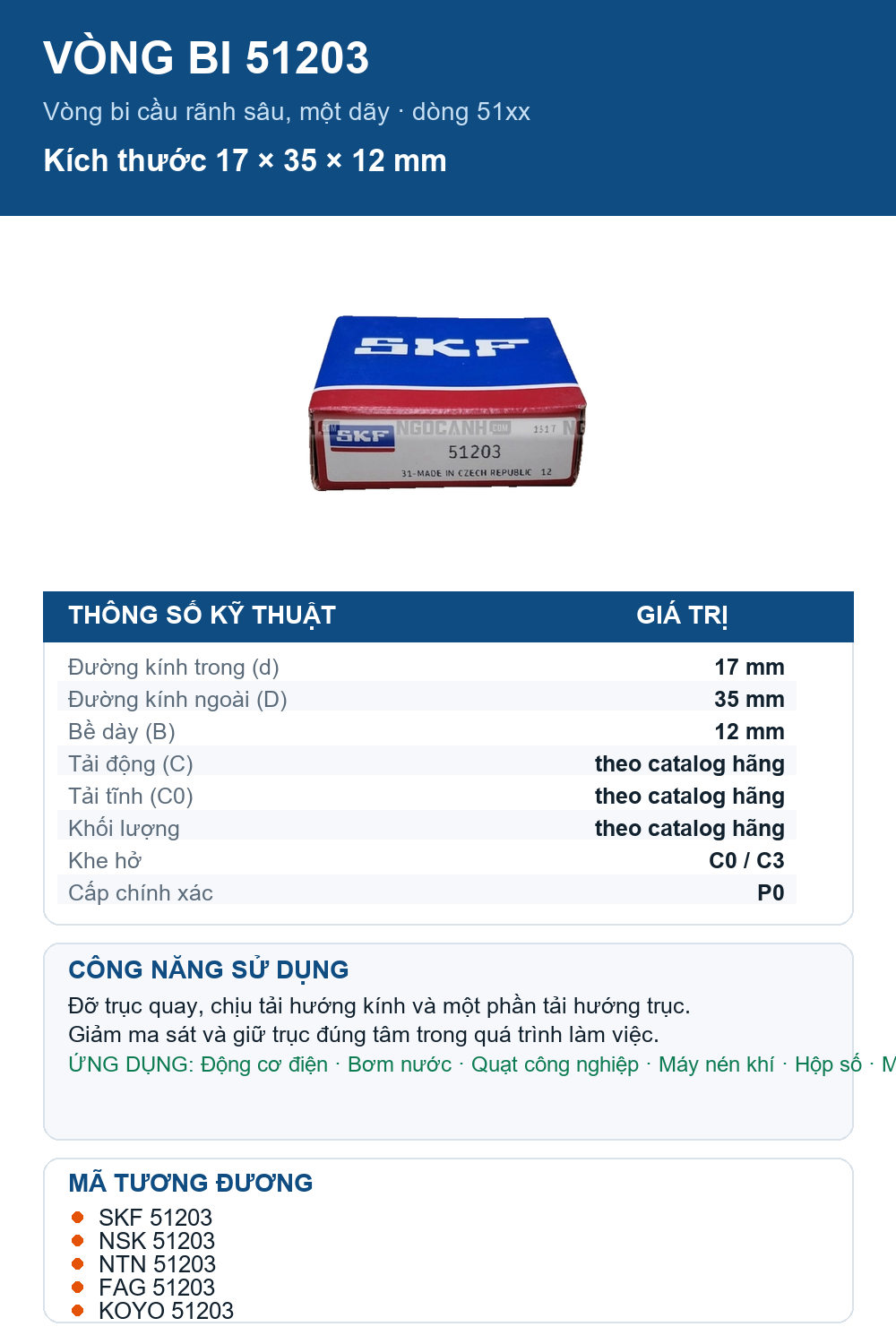 Vòng bi SKF 51203 17x35x12mm — Ảnh thông số (Pinterest)