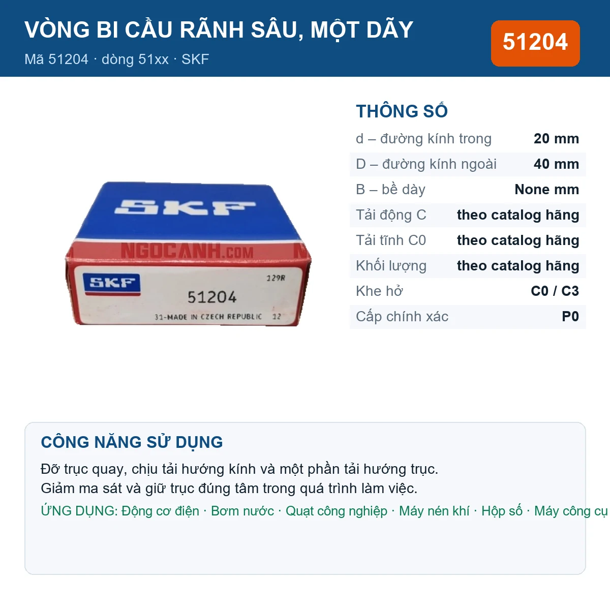 Vòng bi SKF 51204 — kích thước 20x40mm