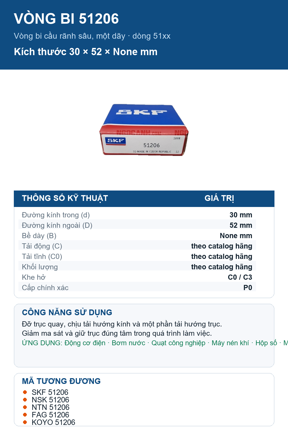 Vòng bi SKF 51206 30x52mm — Ảnh thông số (Pinterest)