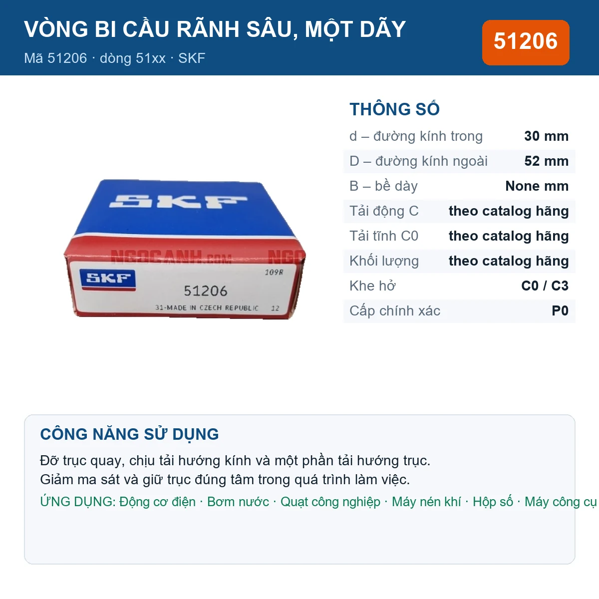 Vòng bi SKF 51206 — kích thước 30x52mm