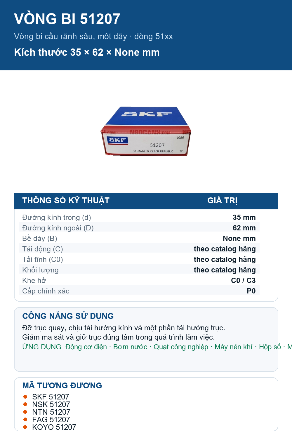 Vòng bi SKF 51207 35x62mm — Ảnh thông số (Pinterest)