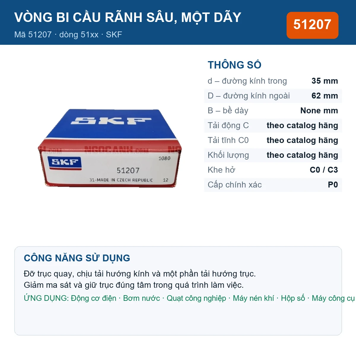 Vòng bi SKF 51207 — kích thước 35x62mm
