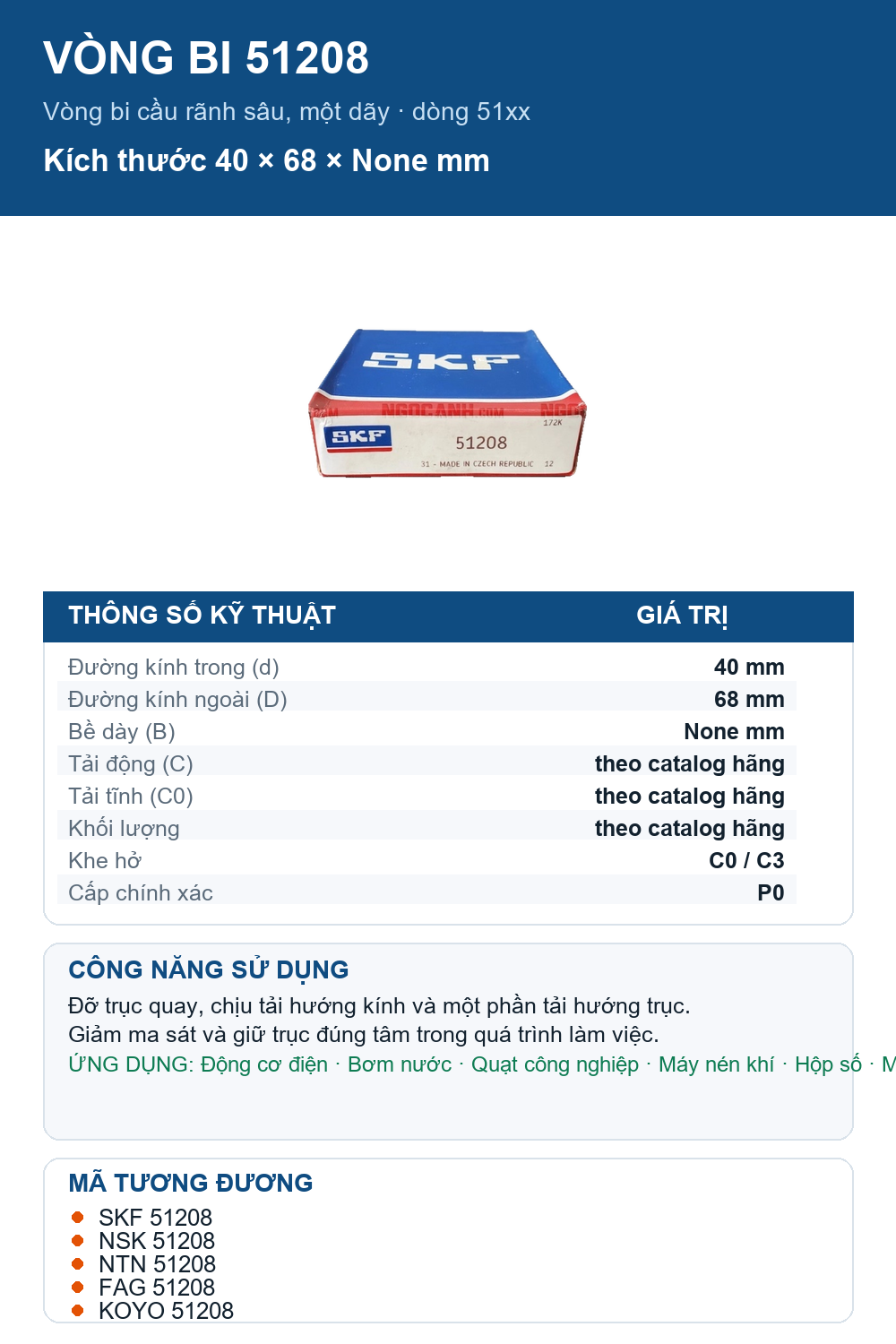Vòng bi SKF 51208 40x68mm — Ảnh thông số (Pinterest)