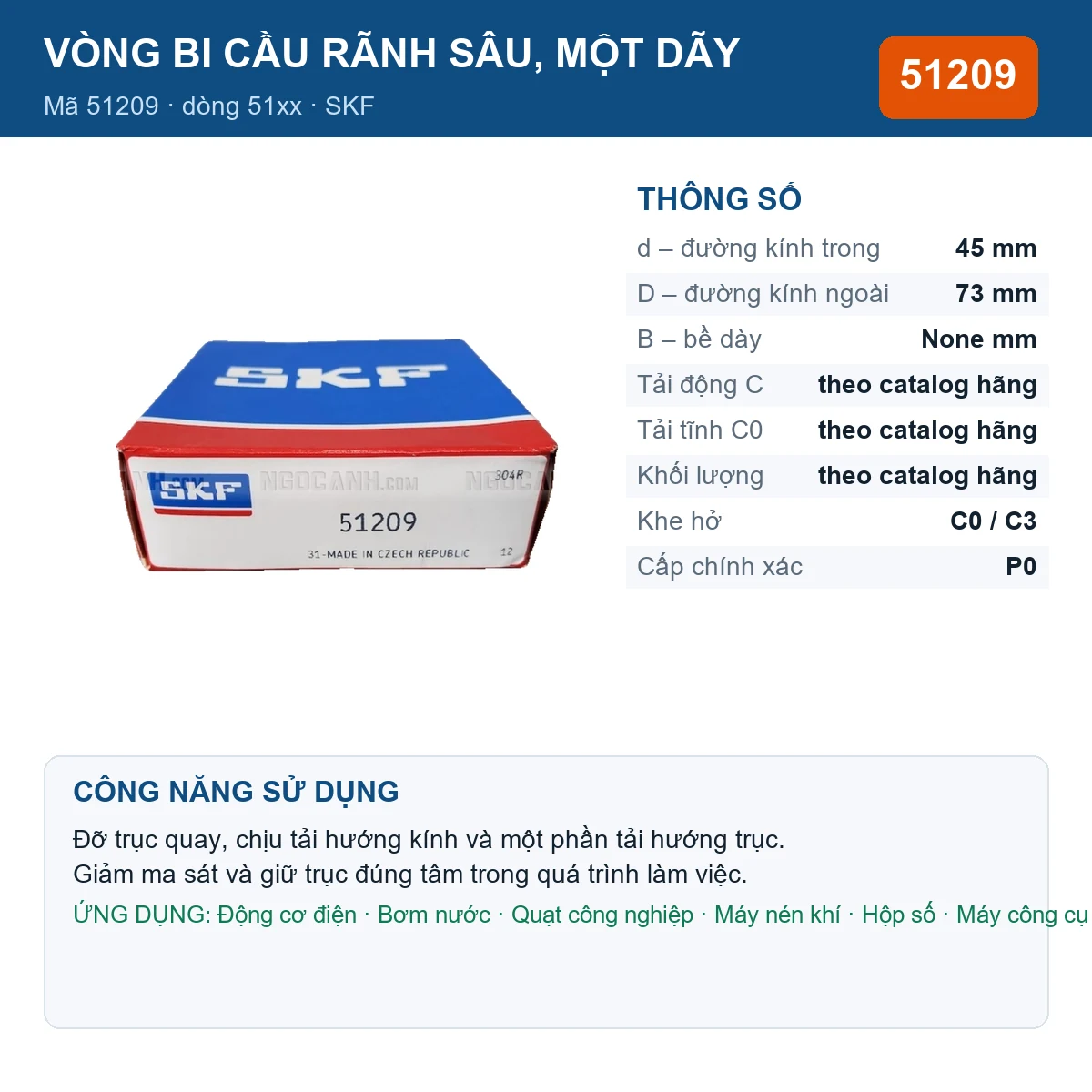Vòng bi SKF 51209 — kích thước 45x73mm