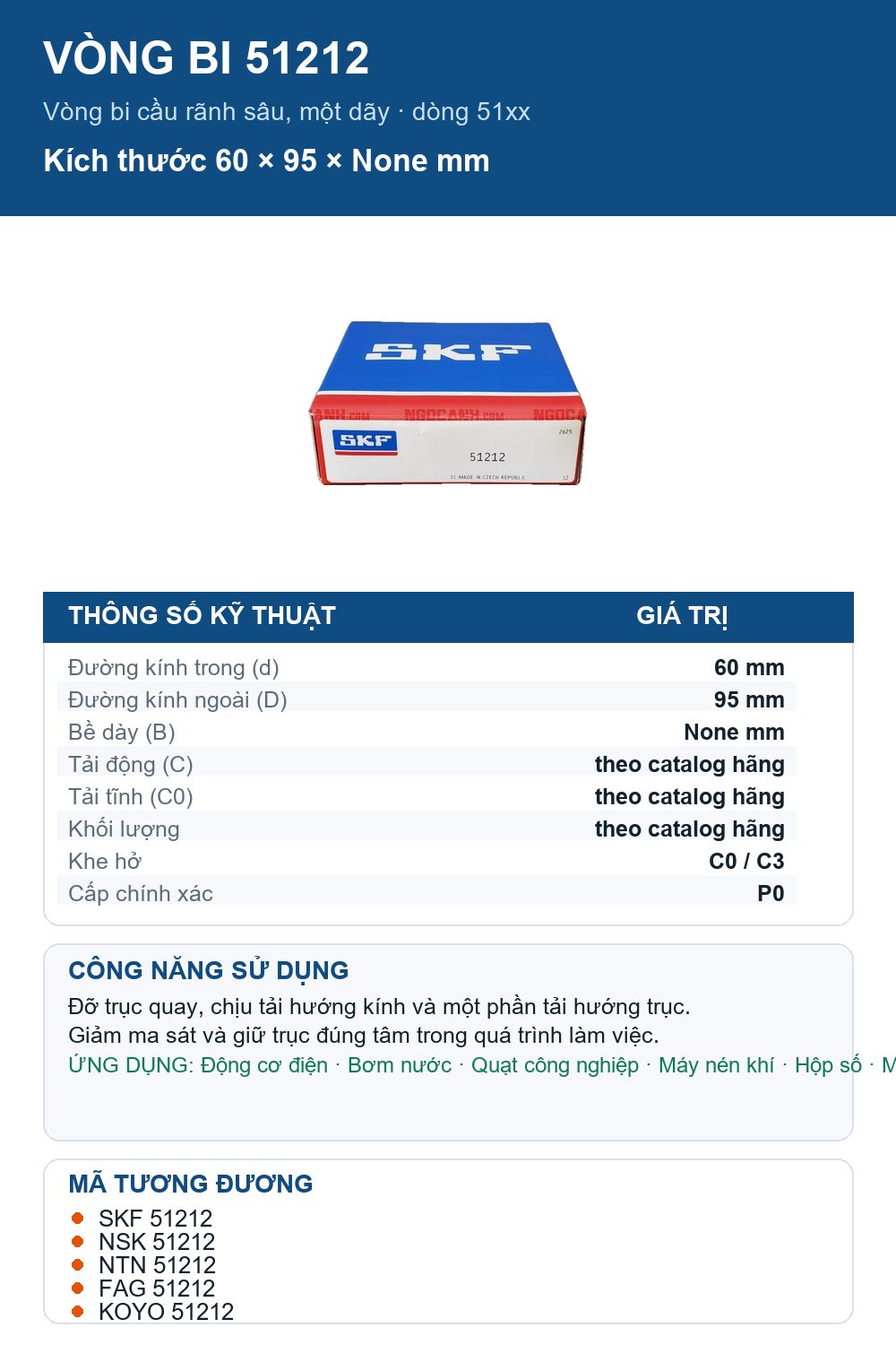 Vòng bi SKF 51212 60x95mm — Ảnh thông số (Pinterest)