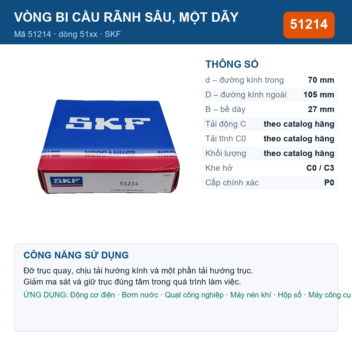 Vòng bi SKF 51214 — kích thước 70x105x27mm