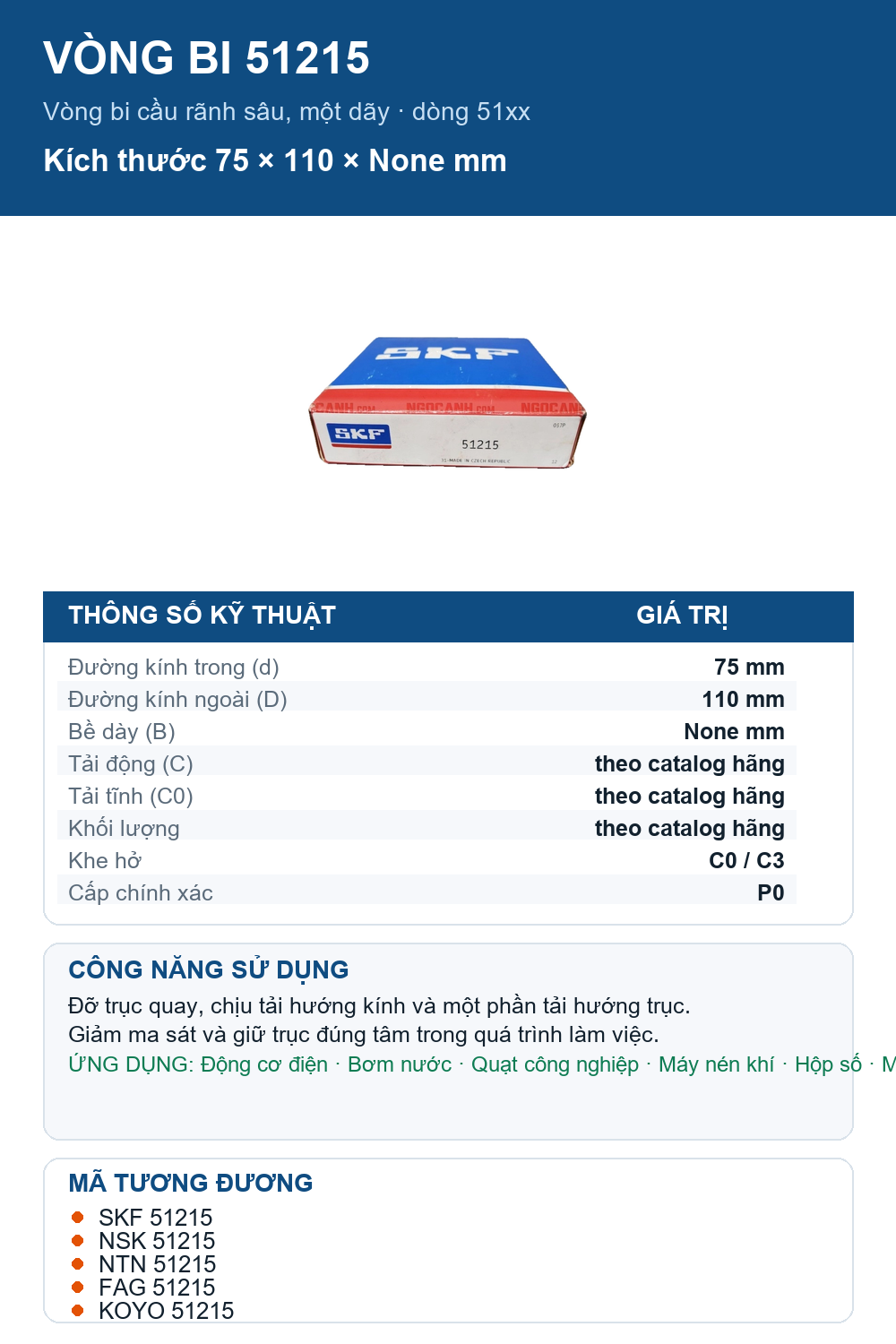 Vòng bi SKF 51215 75x110mm — Ảnh thông số (Pinterest)