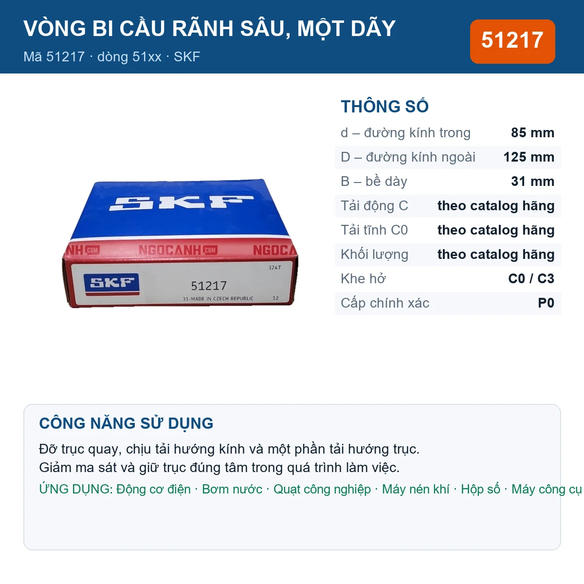 Vòng bi SKF 51217 — kích thước 85x125x31mm