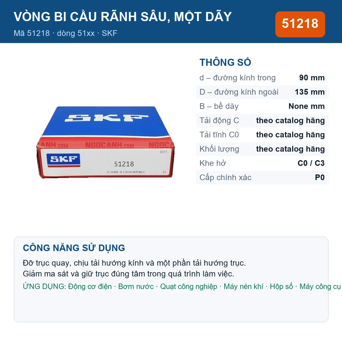 Vòng bi SKF 51218 — kích thước 90x135mm