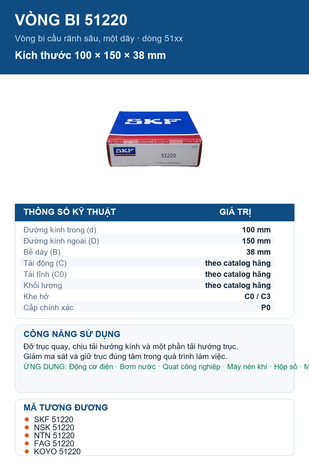 Vòng bi SKF 51220 100x150x38mm — Ảnh thông số (Pinterest)