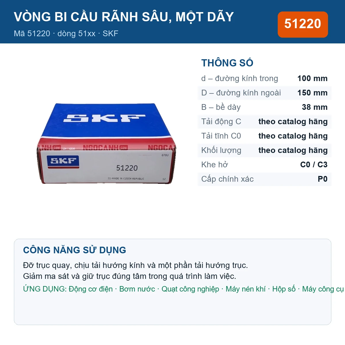 Vòng bi SKF 51220 — kích thước 100x150x38mm