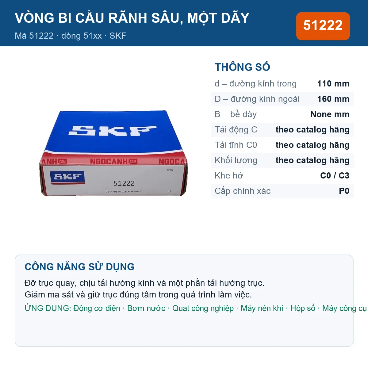 Vòng bi SKF 51222 — kích thước 110x160mm