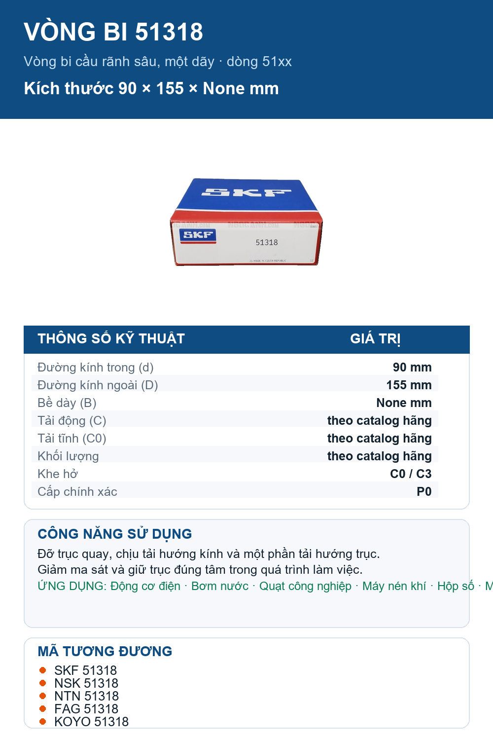 Vòng bi SKF 51318 90x155mm — Ảnh thông số (Pinterest)