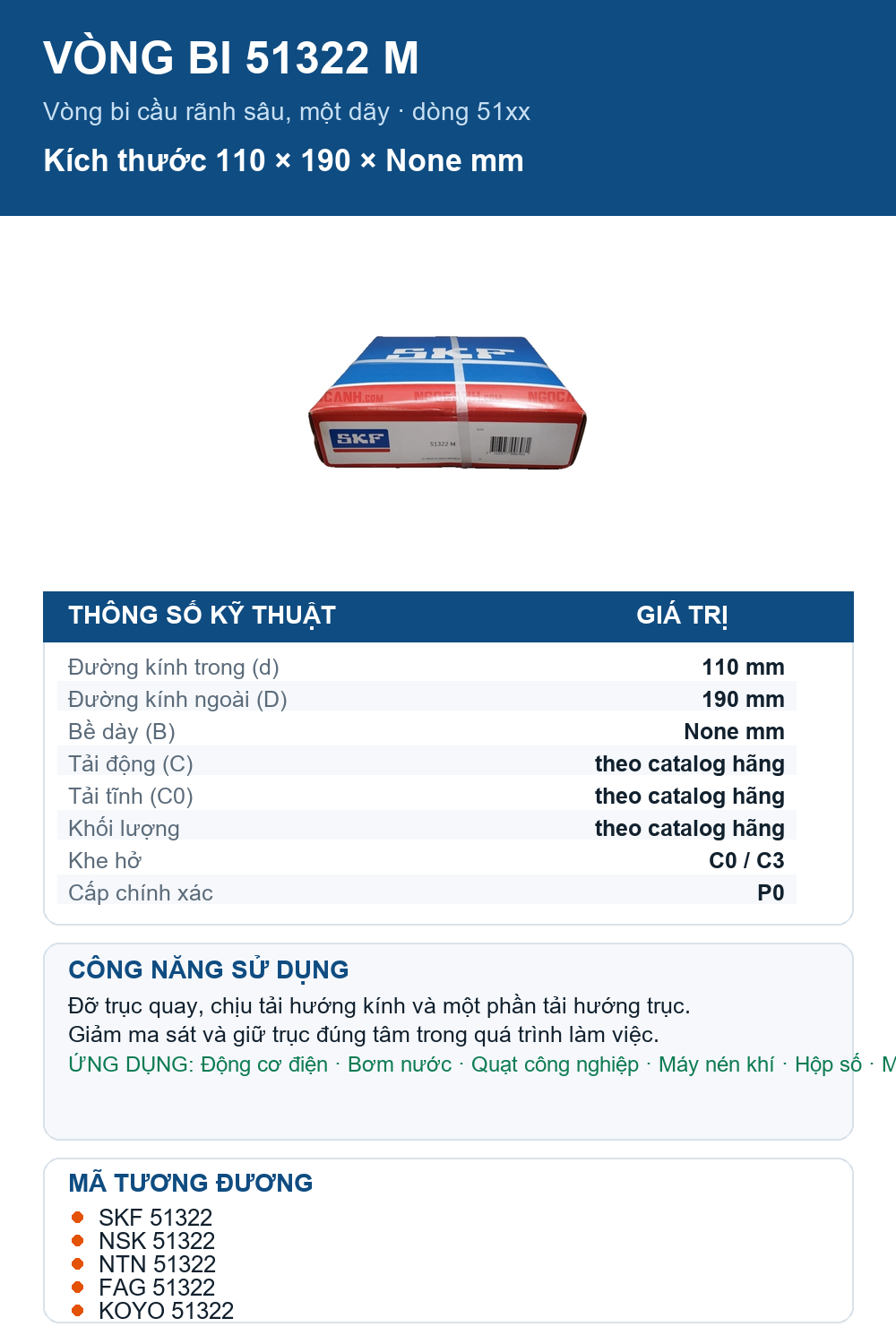 Vòng bi SKF 51322 M 110x190mm — Ảnh thông số (Pinterest)