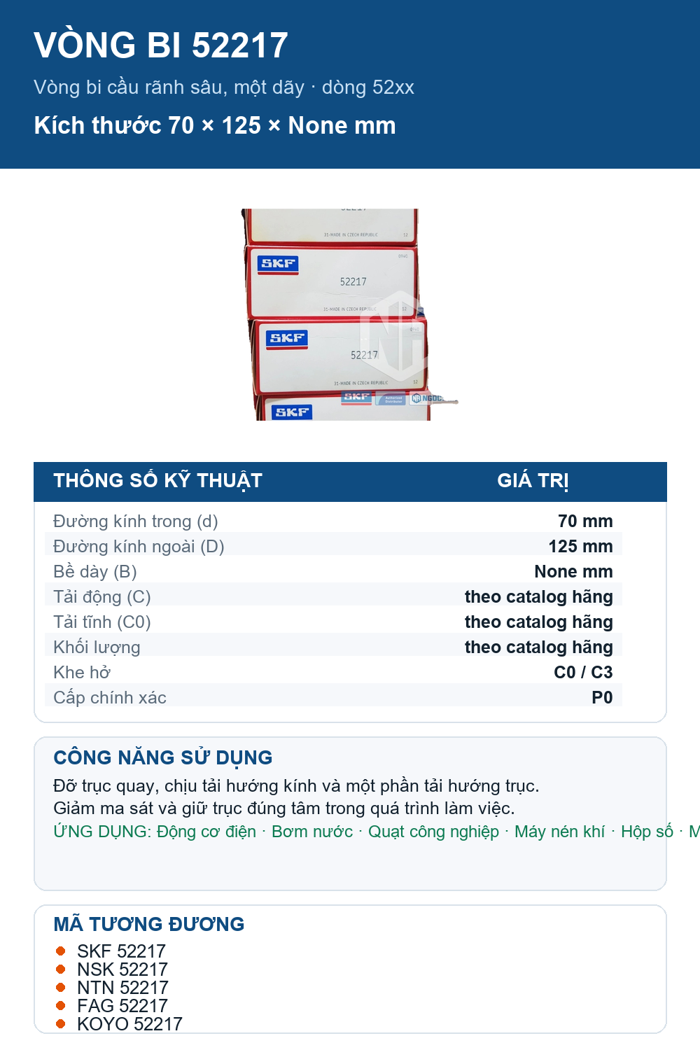Vòng bi SKF 52217 70x125mm — Ảnh thông số (Pinterest)