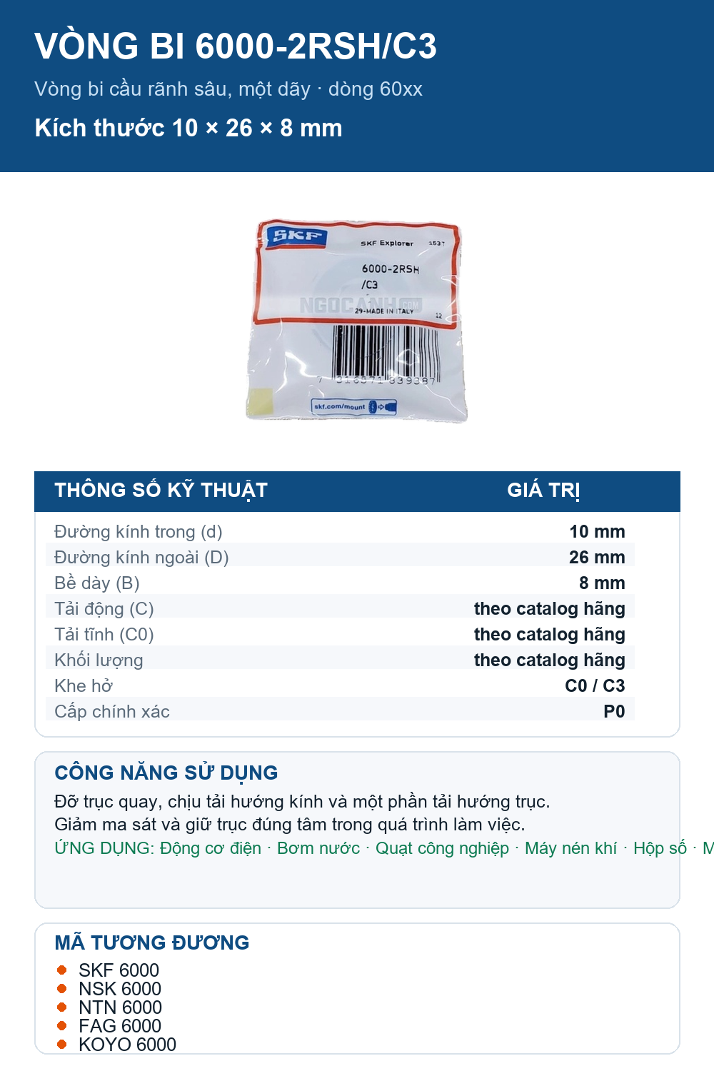 Vòng bi SKF 6000-2RSH/C3 10x26x8mm — Ảnh thông số (Pinterest)