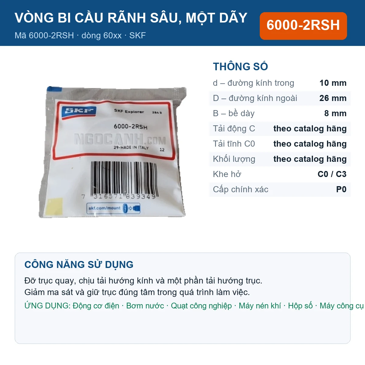 Vòng bi SKF 6000-2RSH — kích thước 10x26x8mm