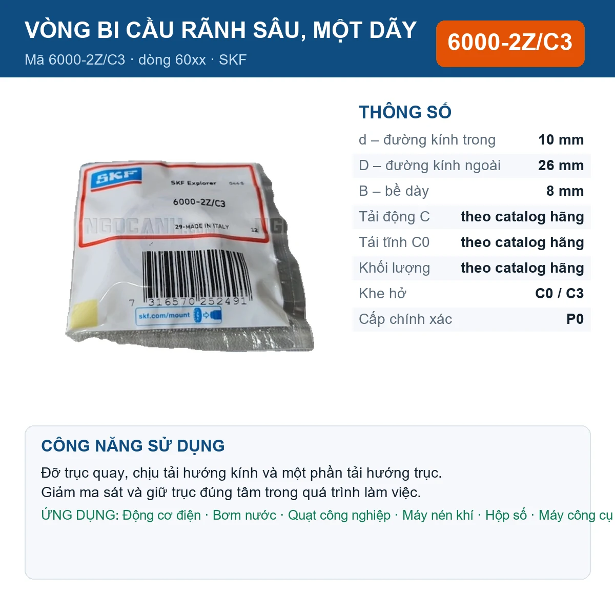 Vòng bi SKF 6000-2Z/C3 — kích thước 10x26x8mm