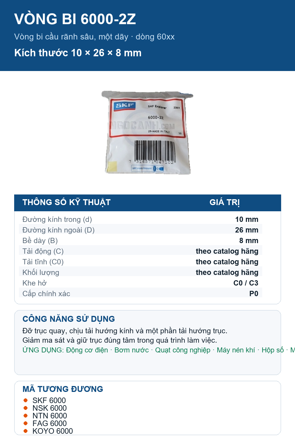 Vòng bi SKF 6000-2Z 10x26x8mm — Ảnh thông số (Pinterest)