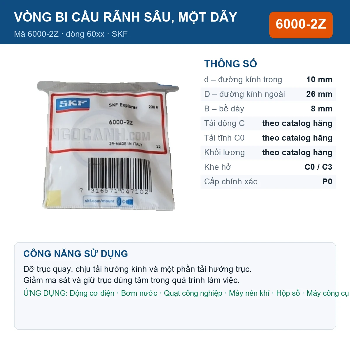 Vòng bi SKF 6000-2Z — kích thước 10x26x8mm