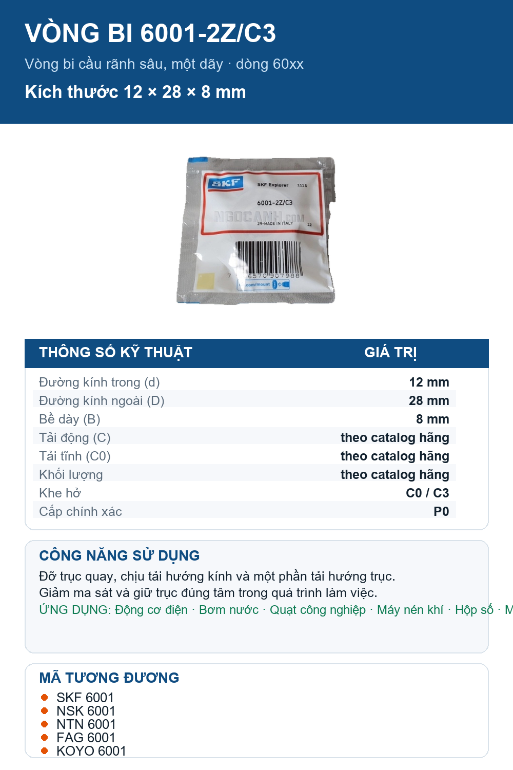 Vòng bi SKF 6001-2Z/C3 12x28x8mm — Ảnh thông số (Pinterest)