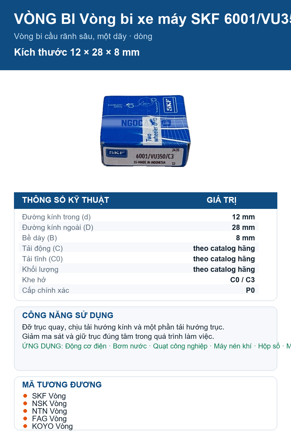 Vòng bi SKF 6001/VU350/C3 12x28x8mm — Ảnh thông số (Pinterest)