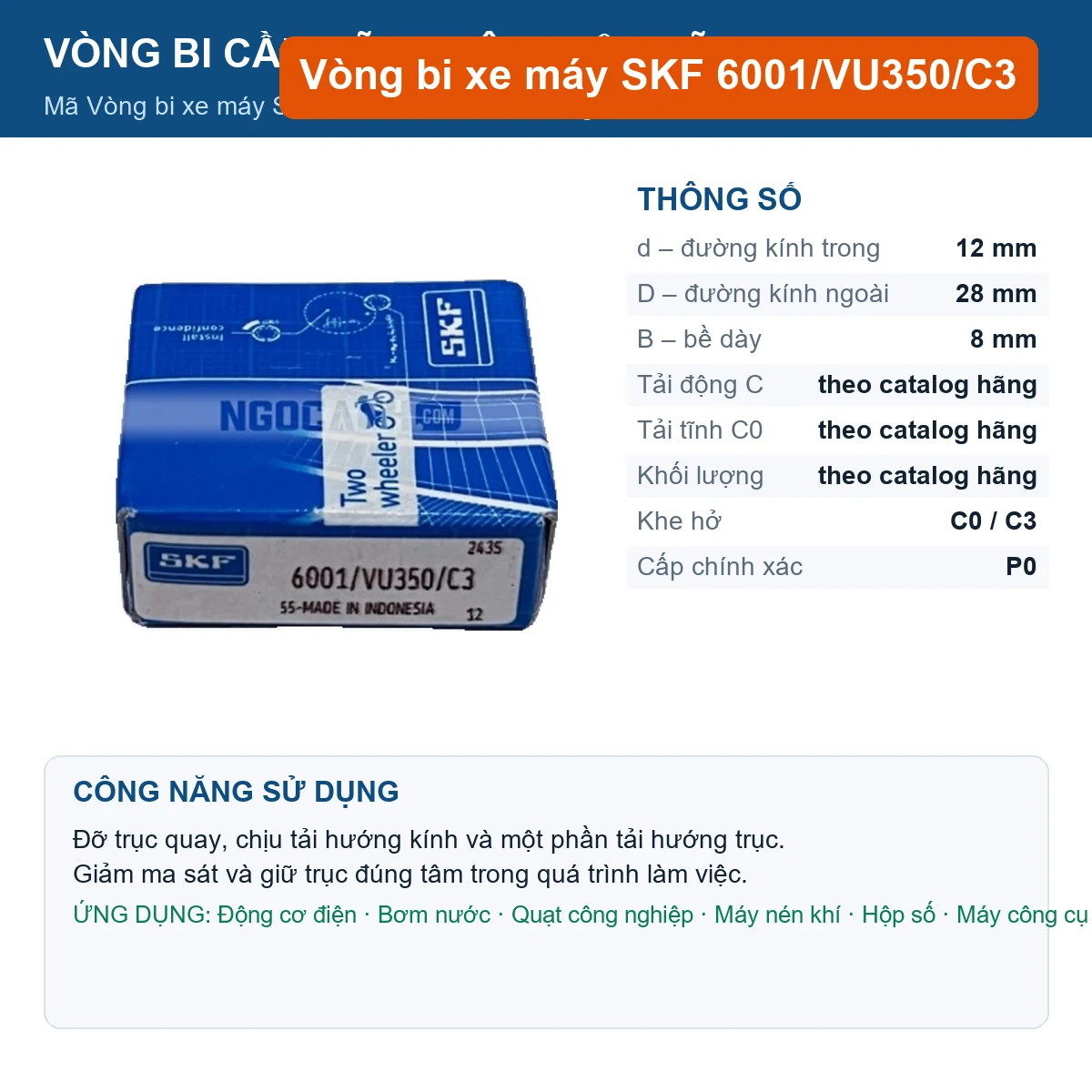 Vòng bi SKF 6001/VU350/C3 12x28x8mm — Ảnh đăng sản phẩm (web)