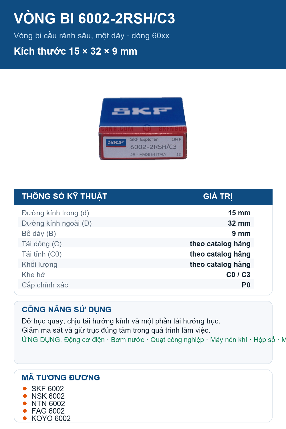 Vòng bi SKF 6002-2RSH/C3 15x32x9mm — Ảnh thông số (Pinterest)