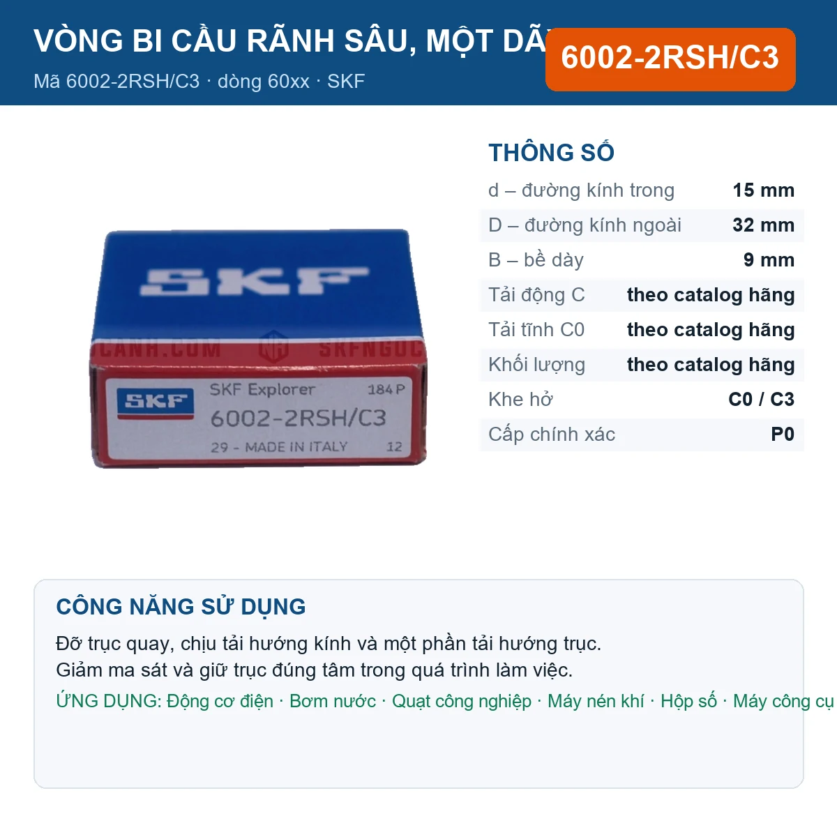 Vòng bi SKF 6002-2RSH/C3 — kích thước 15x32x9mm