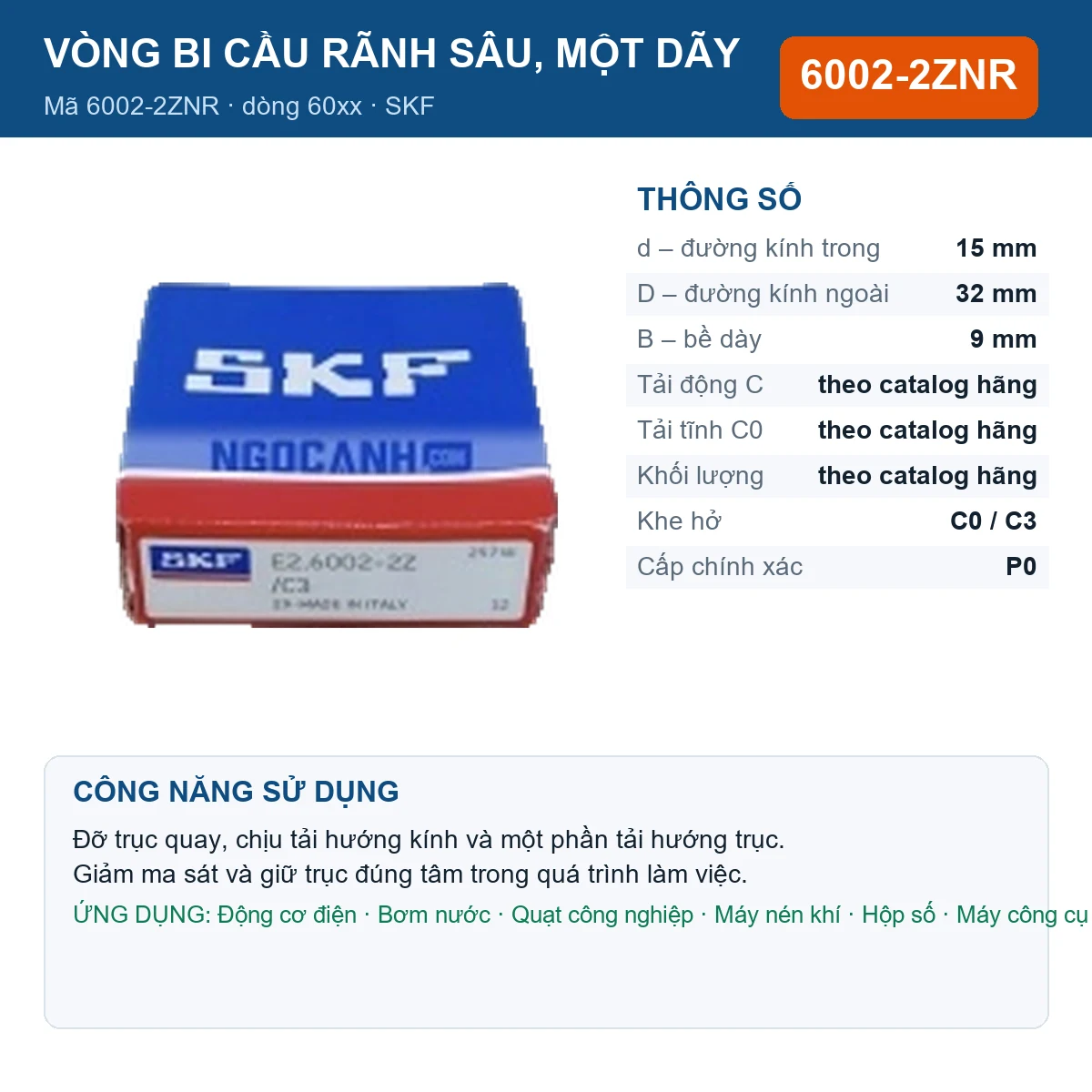 Vòng bi SKF 6002-2ZNR — kích thước 15x32x9mm
