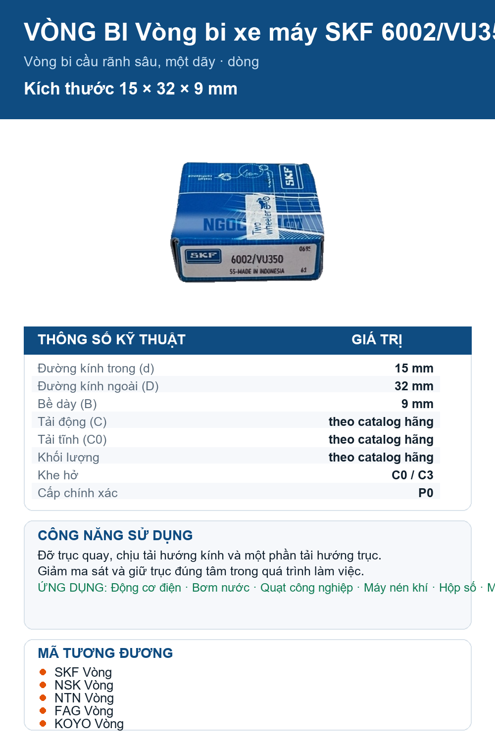 Vòng bi SKF 6002/VU350 15x32x9mm — Ảnh thông số (Pinterest)