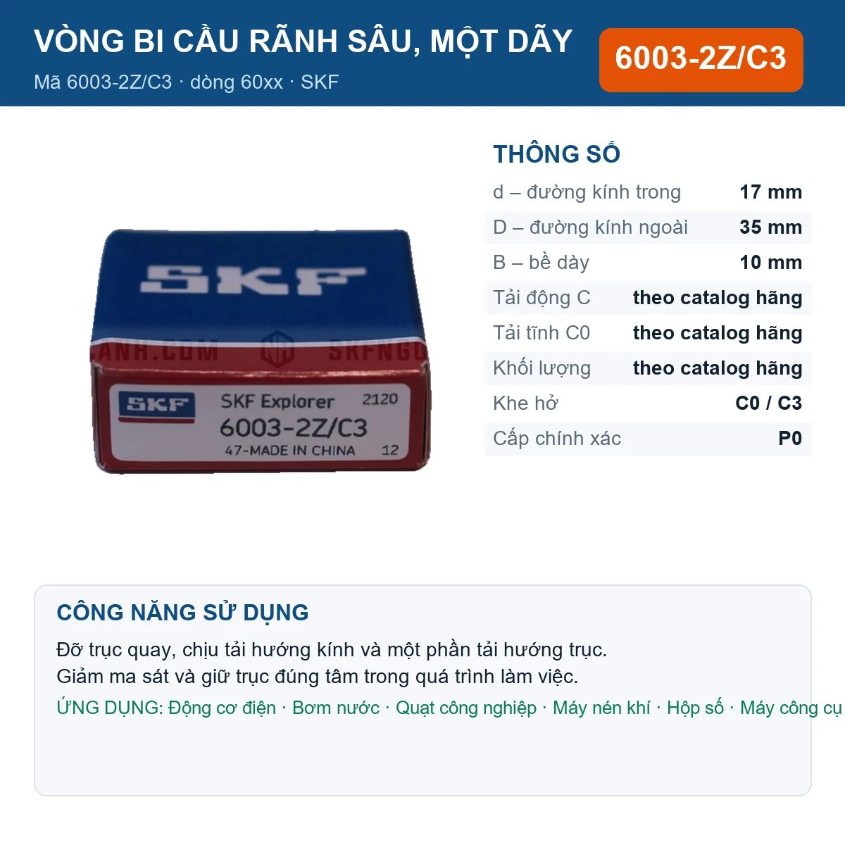 Vòng bi SKF 6003-2Z/C3 — kích thước 17x35x10mm