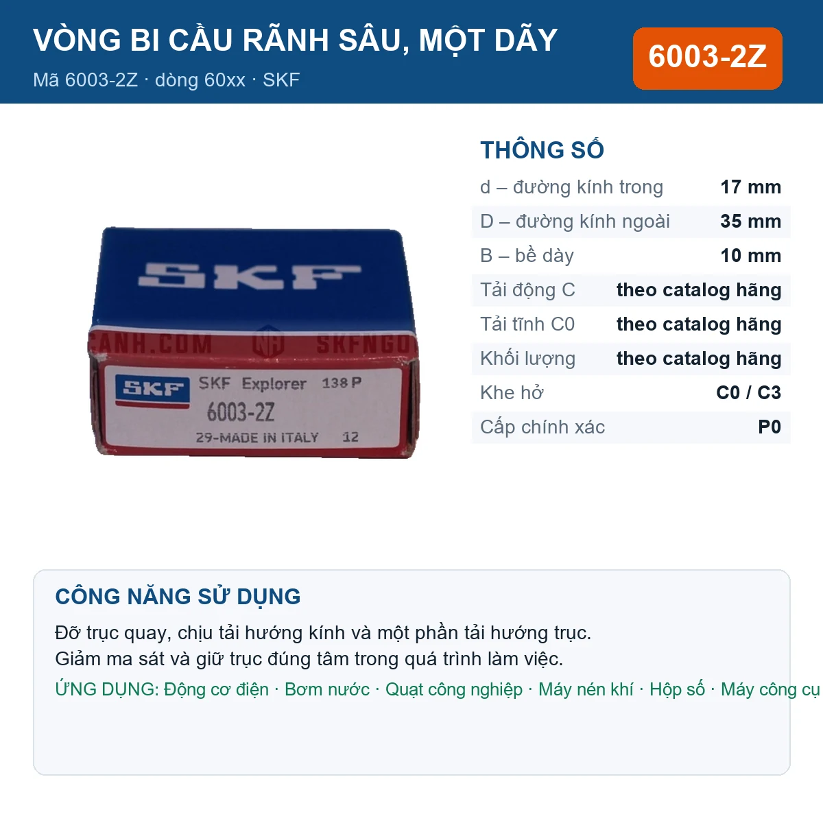 Vòng bi SKF 6003-2Z — kích thước 17x35x10mm