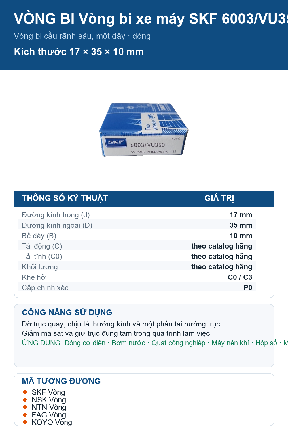 Vòng bi SKF 6003/VU350 17x35x10mm — Ảnh thông số (Pinterest)