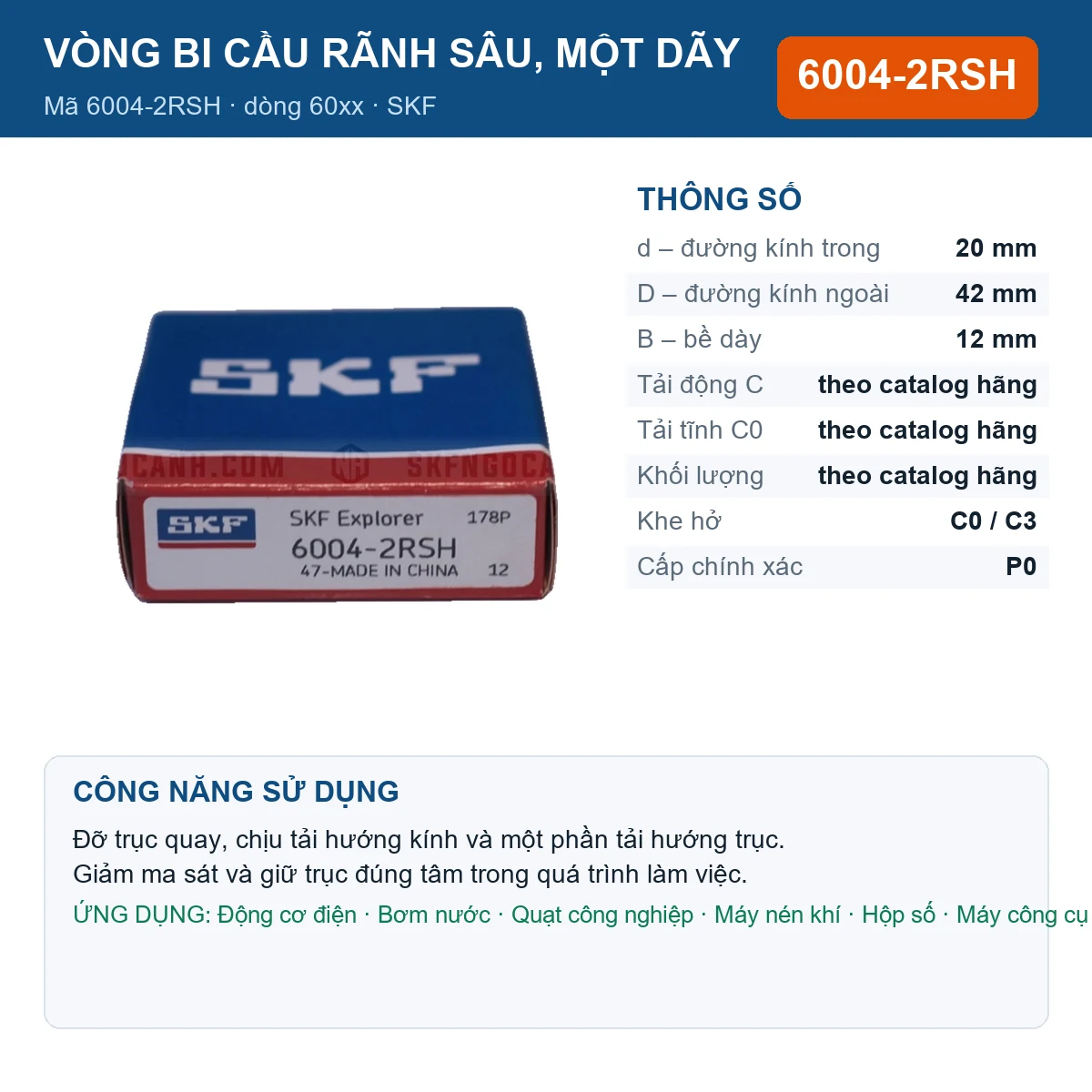 Vòng bi SKF 6004-2RSH — kích thước 20x42x12mm
