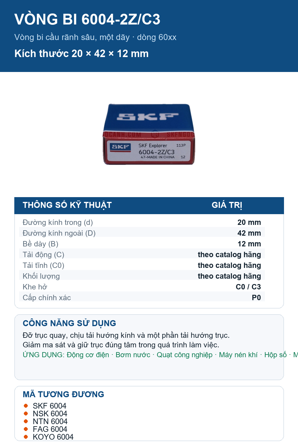 Vòng bi SKF 6004-2Z/C3 20x42x12mm — Ảnh thông số (Pinterest)