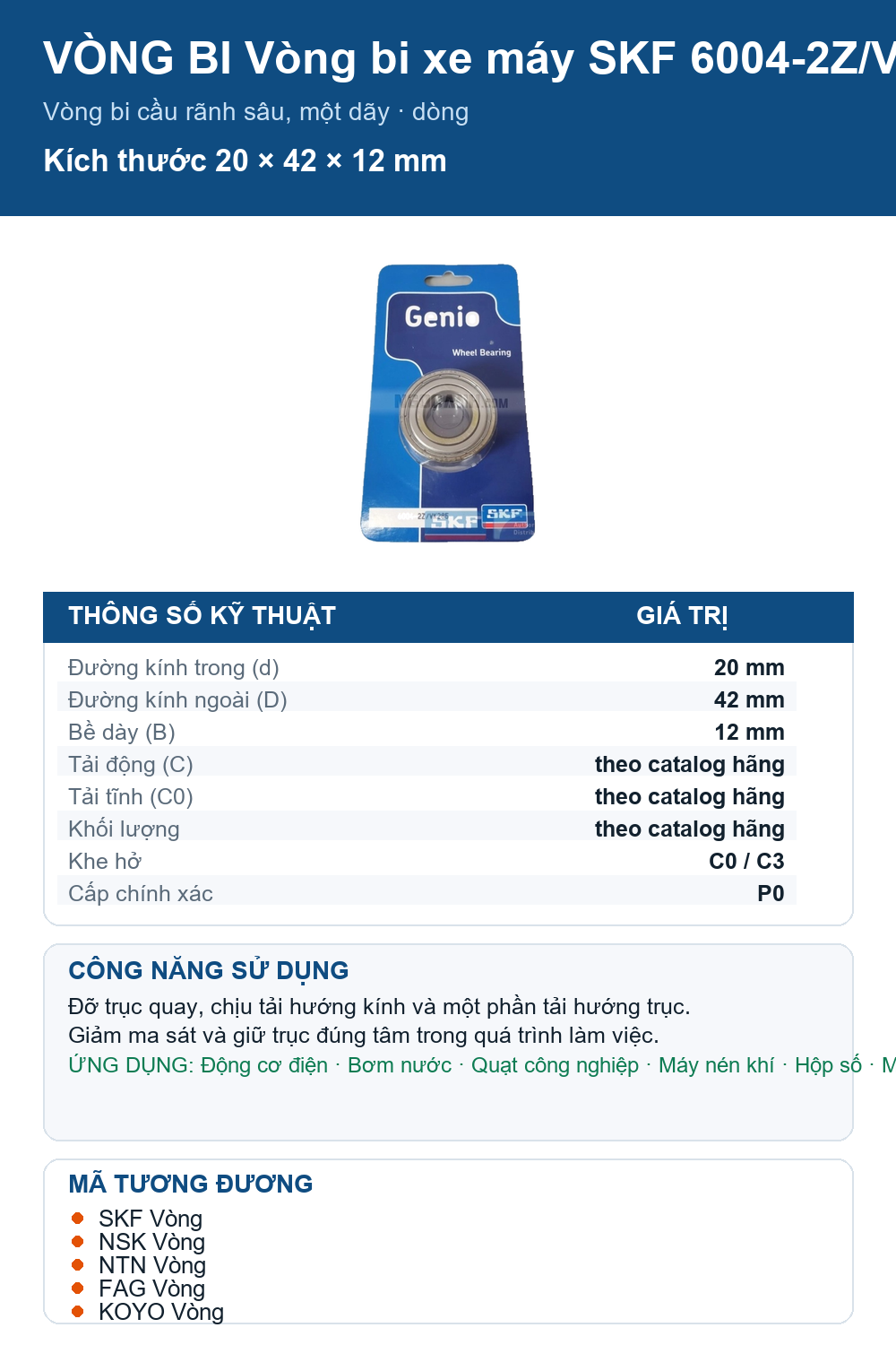 Vòng bi SKF 6004-2Z/VK285 20x42x12mm — Ảnh thông số (Pinterest)