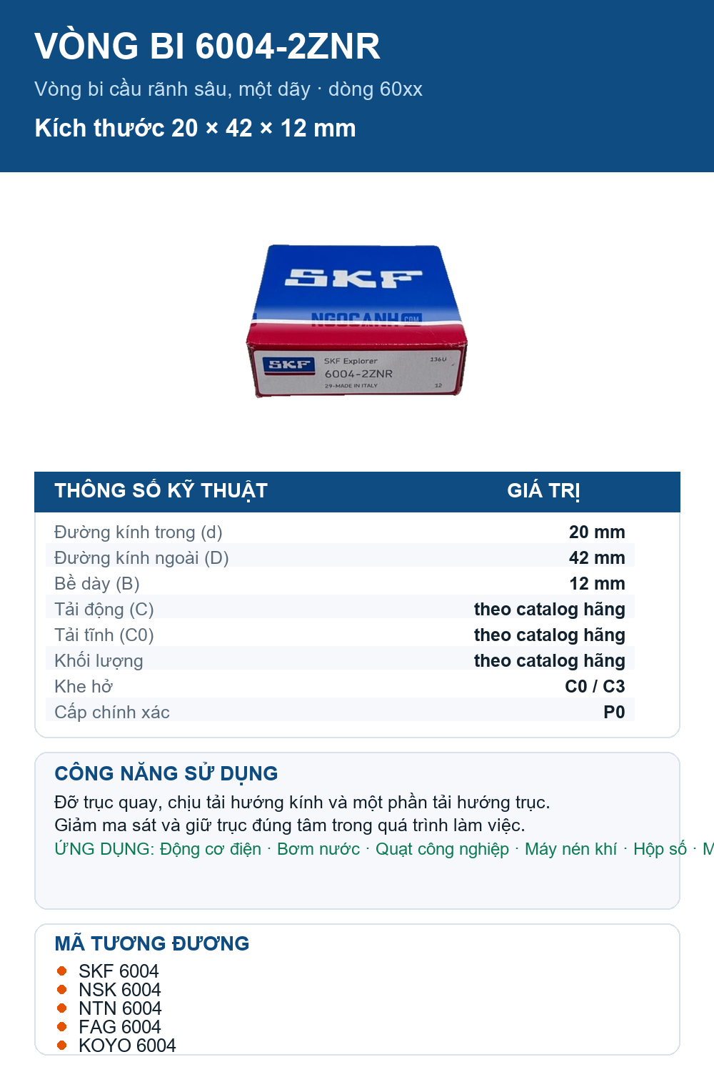 Vòng bi SKF 6004-2ZNR 20x42x12mm — Ảnh thông số (Pinterest)