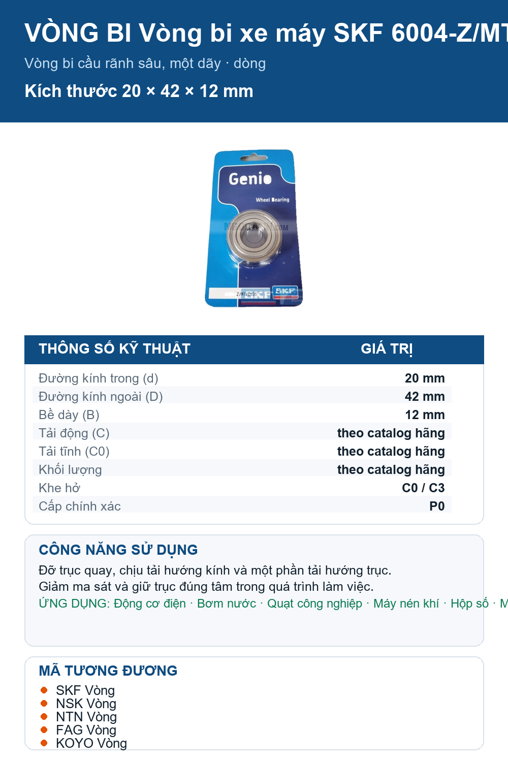 Vòng bi SKF 6004-Z/MTVC525 20x42x12mm — Ảnh thông số (Pinterest)